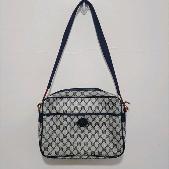 GUCCI GG Sherry Line Messenger Shoulder Bag PVC Leather Red Navy With Pouch
